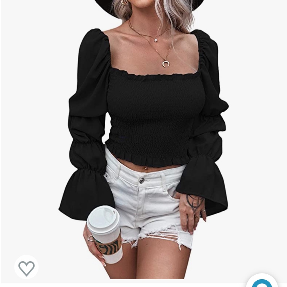 Square Neck Puff Sleeve Shirred Blouse